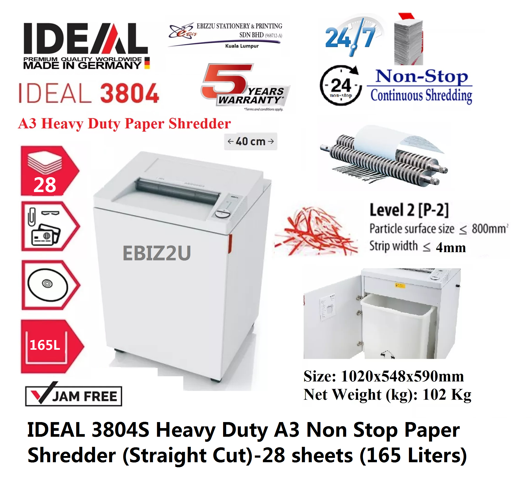 IDEAL 3804 S Heavy Duty Paper Shredder (Straight Cut)-28 sheets (210 Liters) Paper Shredder,Shredder Machine, Stationery,Office Automation,Straight Cut, Cross Cut, Micro Cut, Office Shredder,Mesin Penghancur Kertas