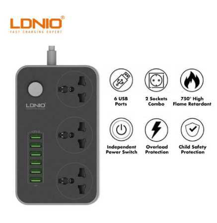 LDNIO SC3604 Power Strip 3 Universal Socket with 6 USB Output (3.4A/2m)