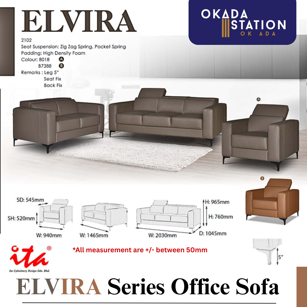 ELVIRA SERIES OFFICE SOFA - ALL SIZE / SINGLE SEATER / DOUBLE SEATER / TRIPLE SEATER / 1+2+3 SEATER SET / VISITOR SOFA / SOFA WITH ADJUSTABLE HEADREST / PU LEATHER / FABRIC / SOFA PELAWAT / SOFA PEJABAT / SOFA / ELVIRA 2102