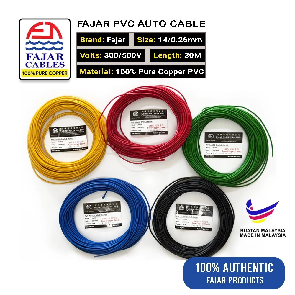 Fajar 14/0.26MM Auto Cable for Car Lorry Automotive Wire Auto Cables 100% Copper - 30 Meter