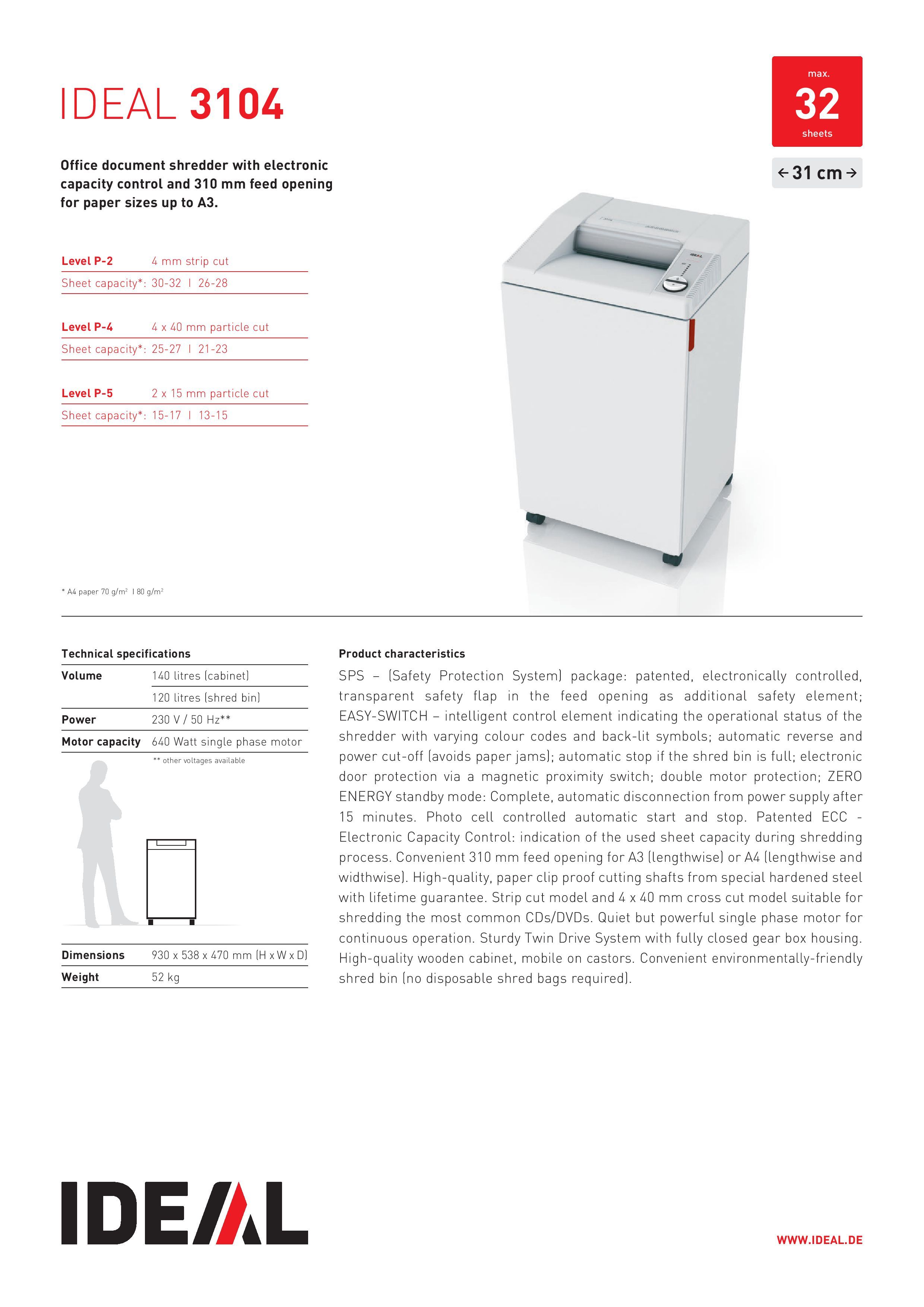 IDEAL OFFICE SHREDDER,MODEL:3104(4mm- strip cut)