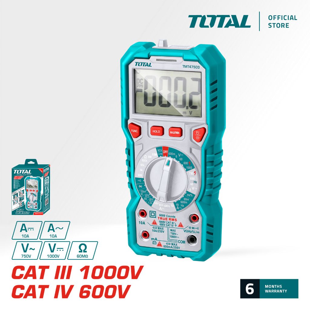 TOTAL DIGITAL MULTIMETER CATIII CATIV DISPLAY TRUE RMS 6000 COUNTS & NON-CONTACT NCV LIVE (1000V/600V) TMT47503