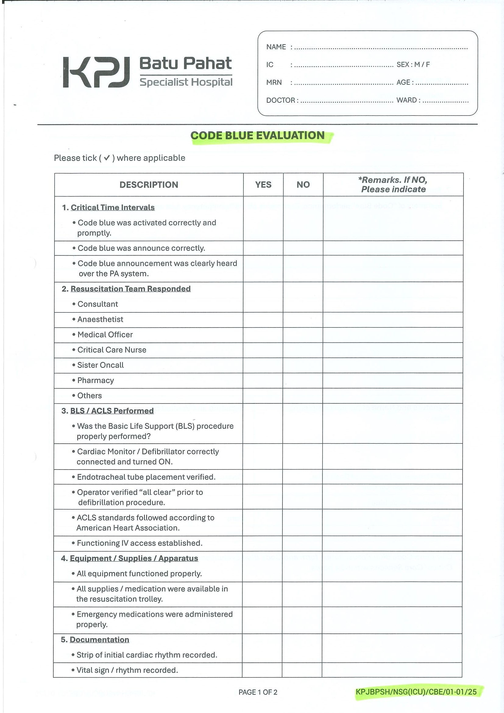 Code Blue Evaluation