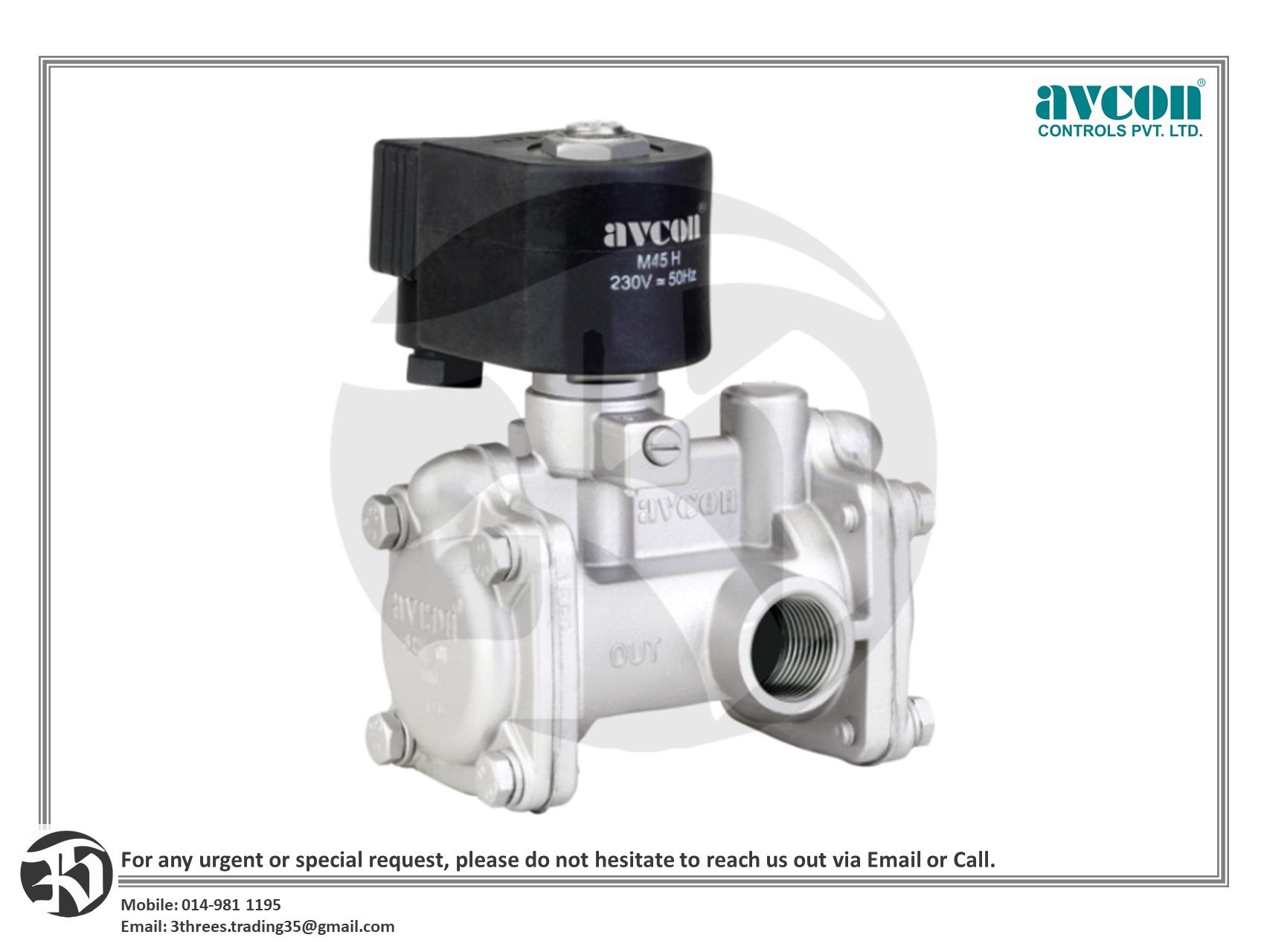 Avcon 3-Way Normally Closed, Pilot Operated, Diaphragm Type, Solenoid Valve with Manual Override