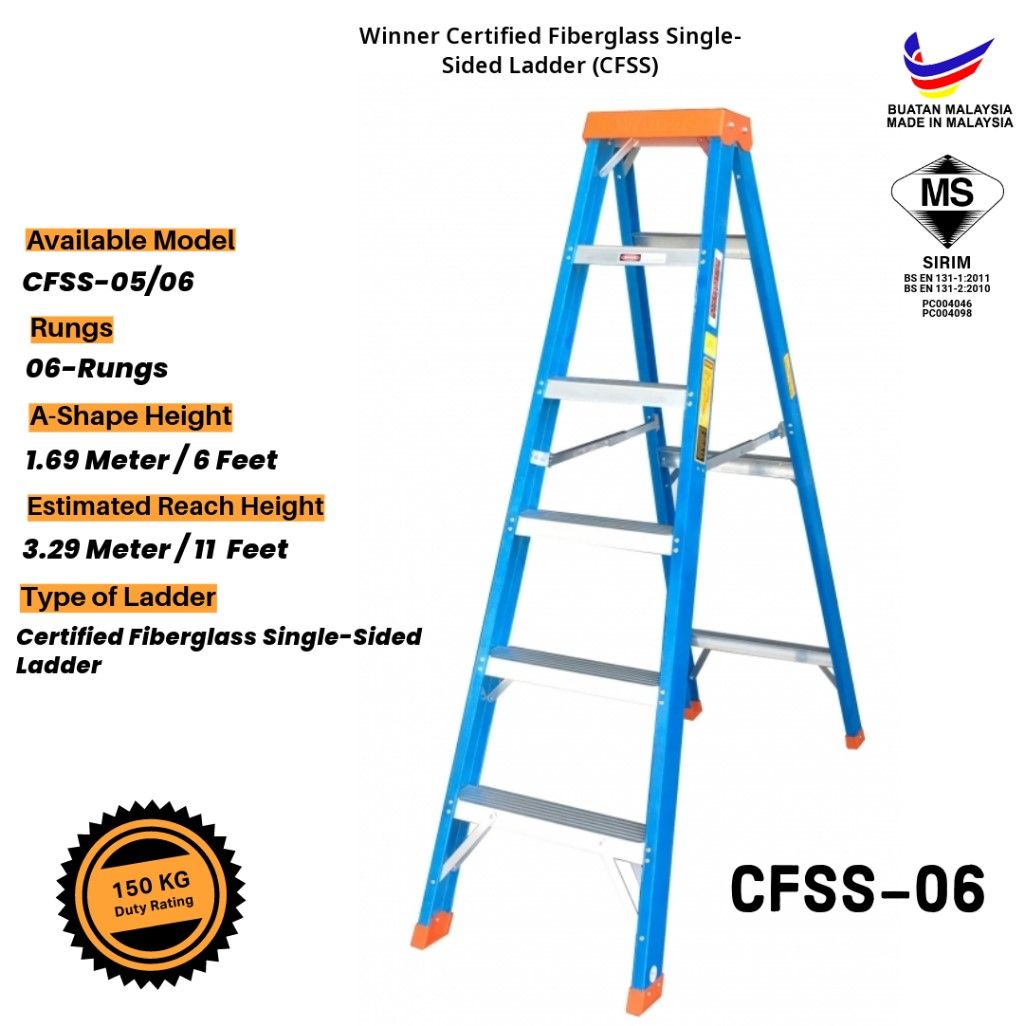 Winner Certified Fiberglass Single-Sided Ladder 6 Step Kaki