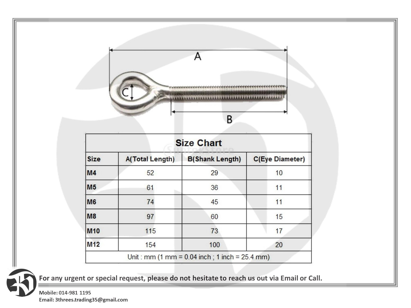Metric Thread Welded Eye Bolts - Marine 304 Stainless Steel