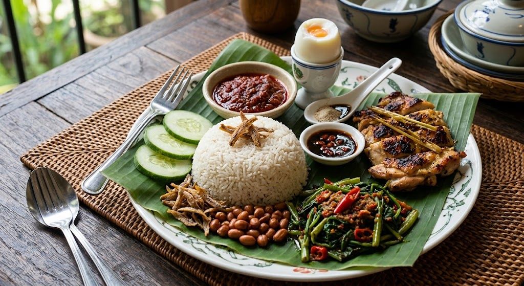 Nasi Lemak Basmathi + 1 Half Boiled Egg + Lemongrass Grilled Chicken + Kangkung