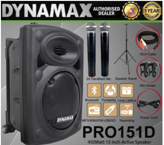 DYNAMAX PRO151D 450 WATT 15 INCH ACTIVE BLUETOOTH SPEAKER SYSTEM WITH 2 WIRELESS HANDHELD MICROPHONE