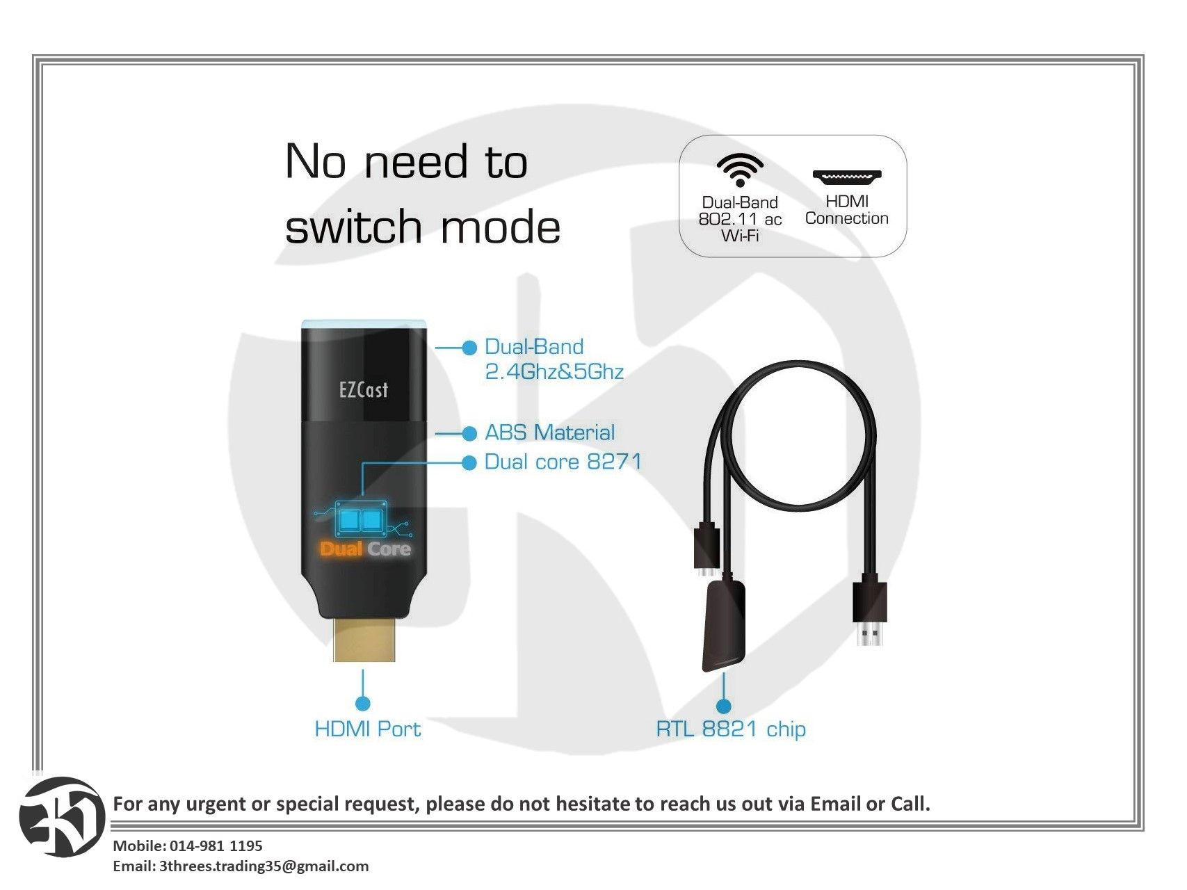 EZCast 2 HDMI Wireless Display Dongle Dual band 2.4GHz/5GHz Dual Core A