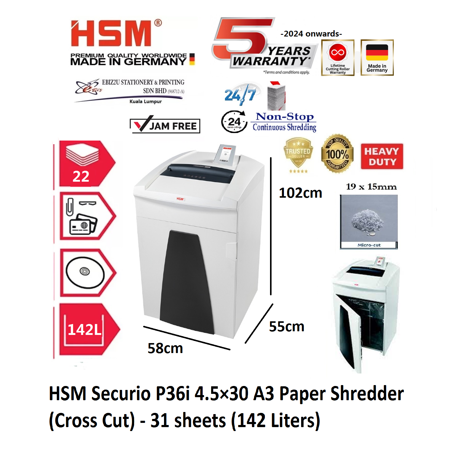 HSM Securio P36i 1.9脳15 A3 Paper Shredder (Micro Cut) - 22 sheets (142 Liters) (non stop, Micro Cut, Paper Shredder, Shredder Machine, Office Shredder, Heavy Duty Shredder, Mesin Penghancur Kertas)