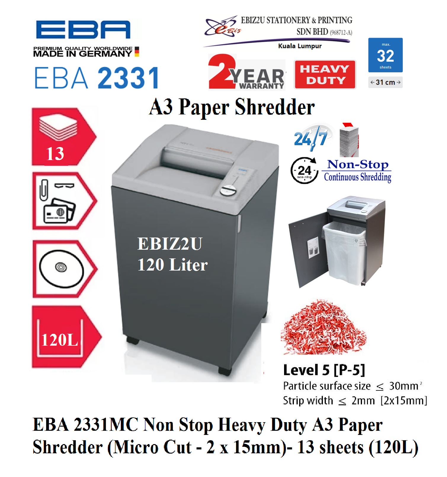 EBA 2331 MC Non Stop Heavy Duty A3 Paper Shredder (Micro Cut - 2 x 15mm)- 13 sheets (120L) 2331MC (non stop, Micro Cut, Paper Shredder, Shredder Machine, Office Shredder, Heavy Duty Shredder, Mesin Penghancur Kertas)
