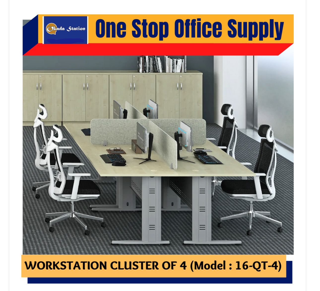 16-QT-4 WORKSTATION SET - ALL PACKAGE / CLUSTER OF 4 / TB 188 TABLE / TABLE TOP PANEL / OFFICE TABLE / OFFICE WORKSTATION / TABLE WITH PEDESTAL / 16-QT-4