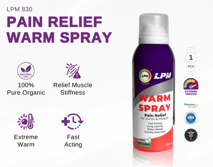 LPM 830 Pain Relief Warm Spray 100% Pure Organic Fast Acting for Joint & Muscle Pain Relief Sports Spray 150ml