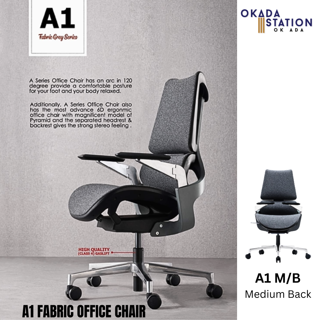 A1 SERIES ERGONOMIC EXECUTIVE CHAIR - ALUMINIUM LEG / CLASSIC CHAIR / A1 EXECUTIVE CHAIR / EXECUTIVE OFFICE CHAIR / ERGONOMIC OFFICE CHAIR / A1 FABRIC GREY SERIES/ ALL MODEL / HIGH BACK CHAIR / MEDIUM BACK CHAIR / OFFICE CHAIR / CHAIR