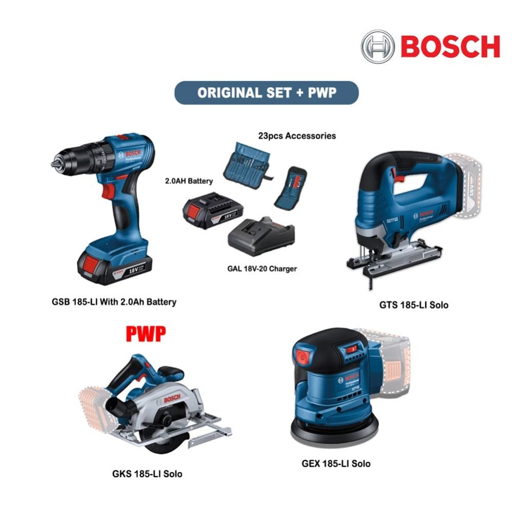 BOSCH 18V Basic Woodworking Combo GSB 185-LI Combi GST 185-LI Jigsaw GEX 185-LI Orbit Sander GKS 185-LI Circular Saw