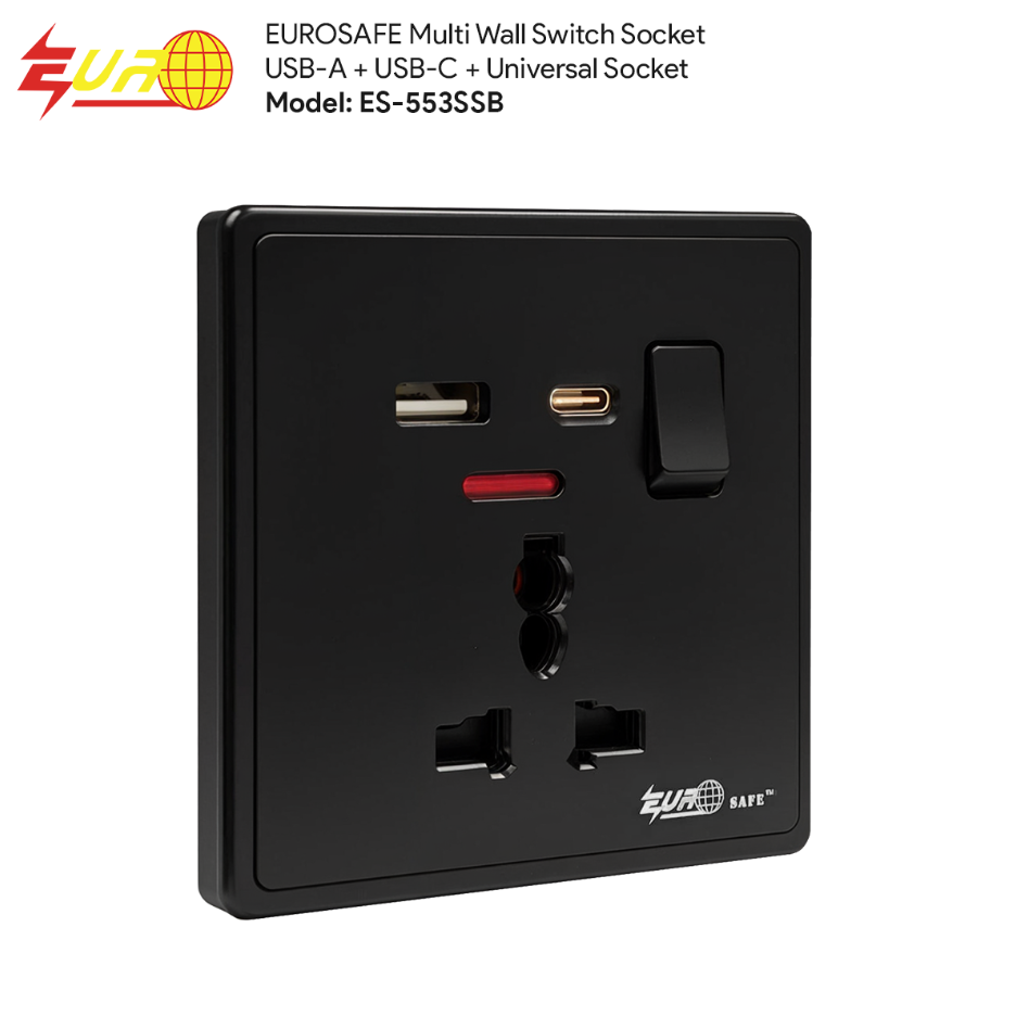 EUROSAFE UNIVERSAL MULTI SOCKET WITH USB-A & TYPE-C 2.1A
