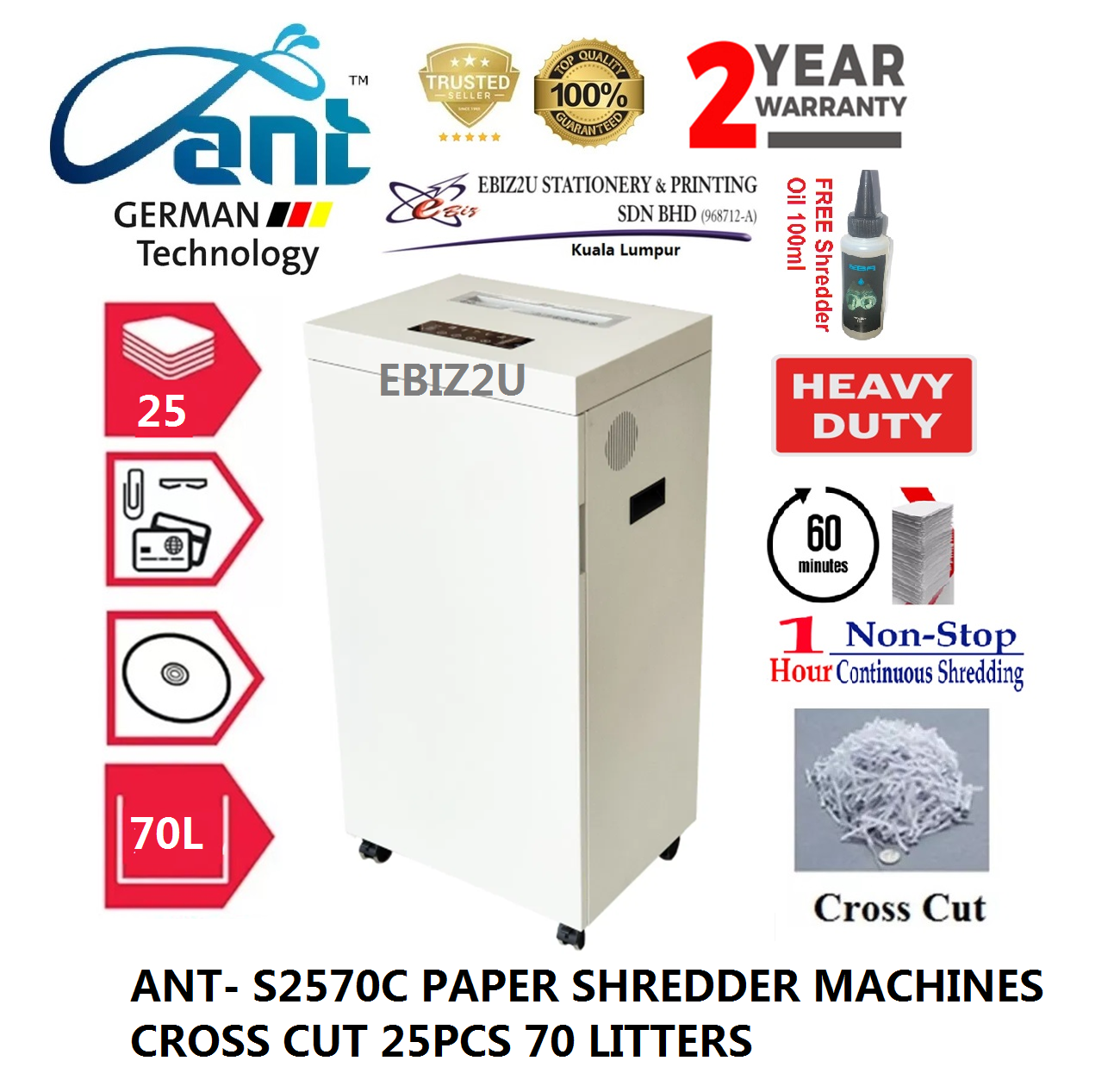 ANT- S2570C PAPER SHREDDER MACHINES CROSS CUT 25PCS 70 LITTERS WITH 2 YEARS WARRANTY (mesin perincih kertas, Mesin Penghancur Kertas)