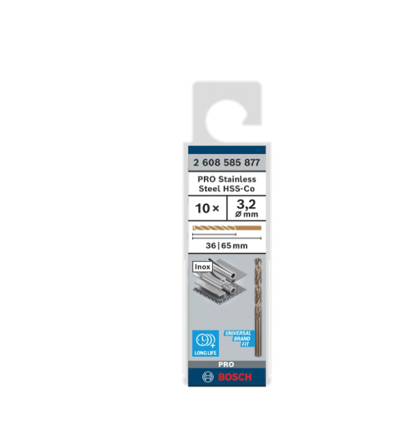BOSCH PRO STAINLESS STEEL HSS-CO TWIST DRILL BIT 3.2 X 36 X 65 MM (10 PCS) (2608585877)