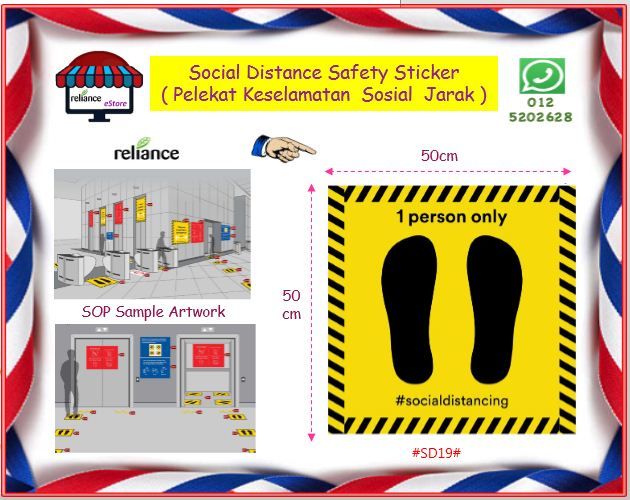Social Distance Safety Sticker - 1 Person Only / Social Distancing Sticker / Pelekat Tanda Keselamatan Sosial Jarak # Size : 50cm x 50cm # SOP Safety Label Sticker # SD19 # RS1595 ( KTT : 1 Keping )