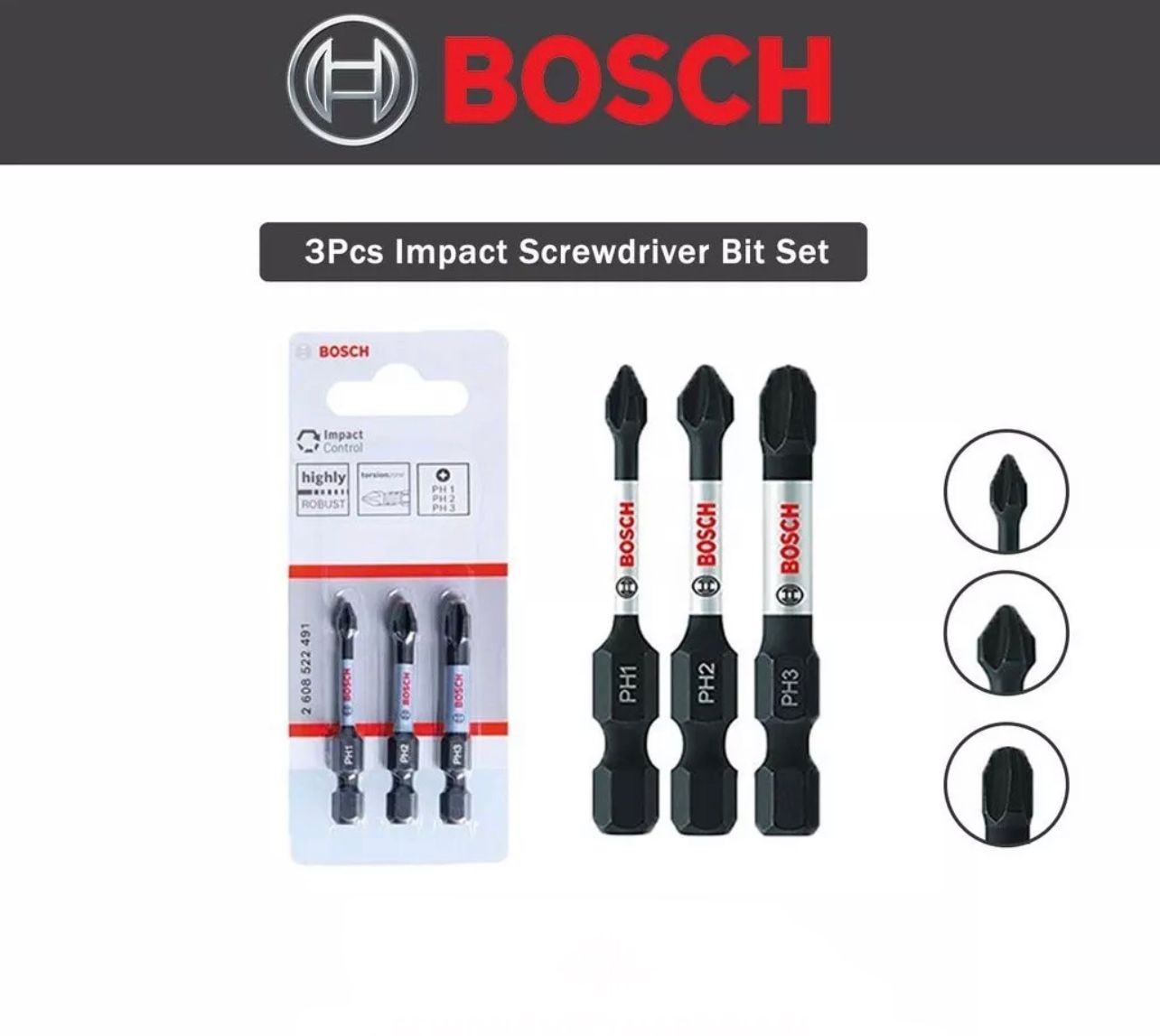 BOSCH 3Pcs Impact Screwdriver Bit Set mata screw driver mata skru drill magnet mata drill