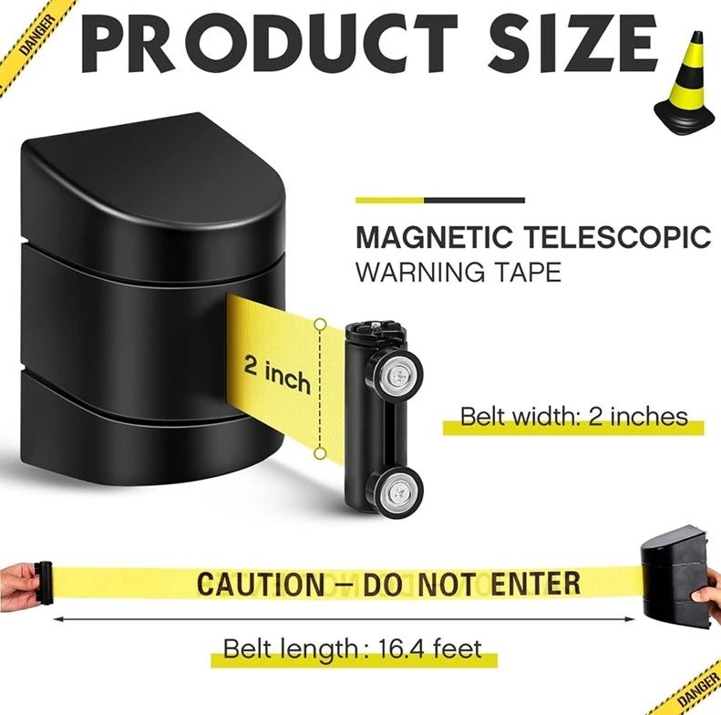 Magnetic Wall Mount Retractable Belt Barrier with ABS Case Black&Yellow-5m