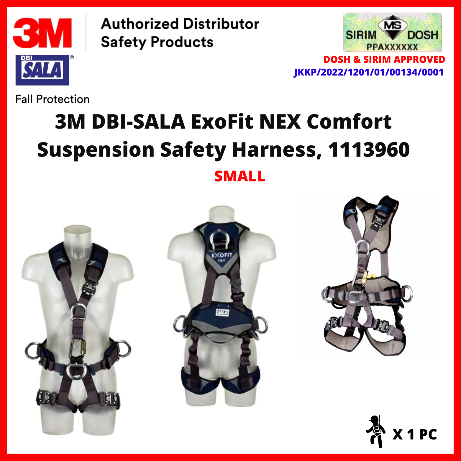 3M 1113960 SIRIM AND DOSH APPROVED. 3M™ DBI-SALA® ExoFit NEX™ Comfort Suspension Safety Harness 1113960, Small