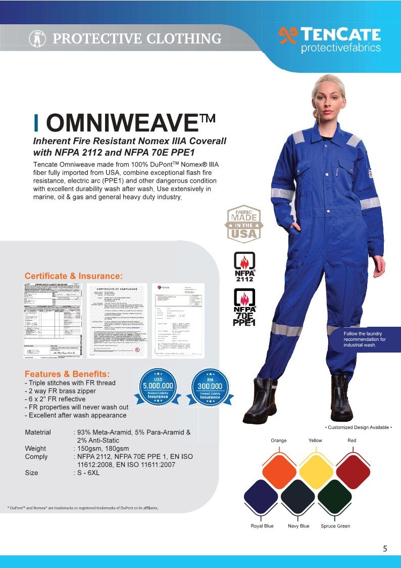 OMNIWEAVE Inherent Fire Resistant Nomex IIIA Coverall with NFPA 2112 and NFPA 70E PPE1
