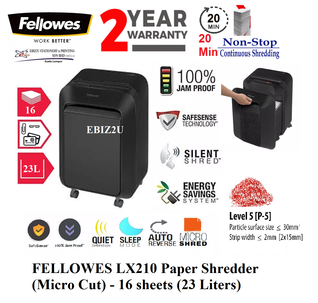 FELLOWES LX211 Paper Shredder (Micro Cut) - 15 sheets (23 Liters) (30 mins Non Stop Paper Shredder, Shredder Machine, A4 Paper Shredder, Office Shredder, Mesin Penghancur Kertas, Heavy Duty Shredder, Heavy Duty Paper Shredder)