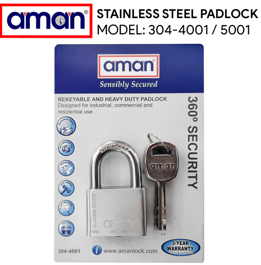 AMAN REKEYABLE & HEAVY DUTY PADLOCK – STAINLESS STEEL 304 SERIES
