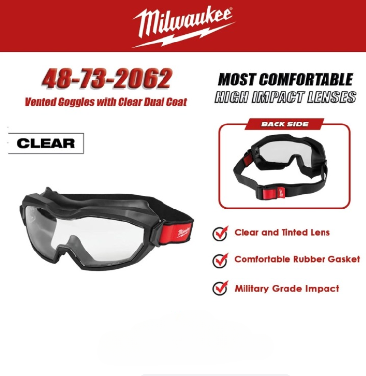 MILWAUKEE 48-73-2062 VENTED SAFETY GOGGLES WITH CLEAR DUAL COAT LENS