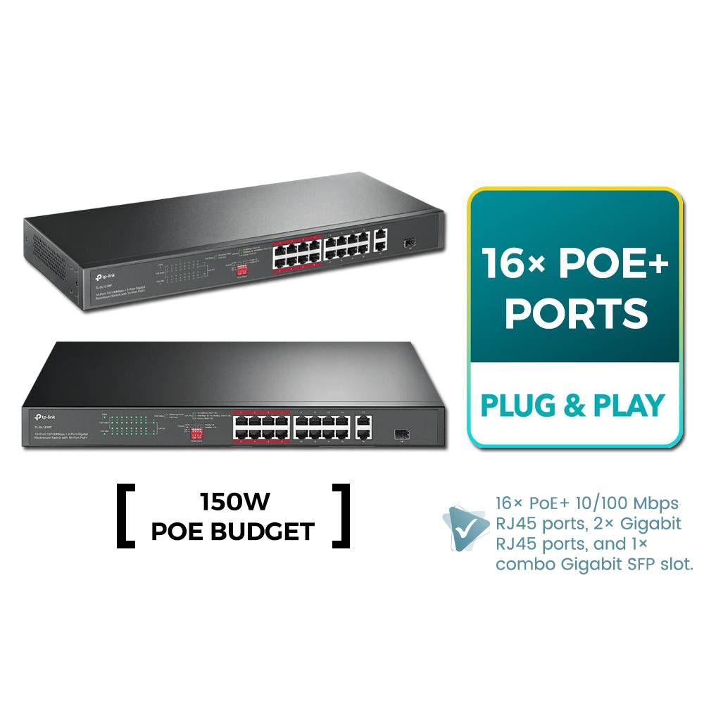 TP-LINK 16-PORT 10/100 MBPS + 2-PORT GIGABIT RACKMOUNT SWITCH WITH 16-PORT POE+