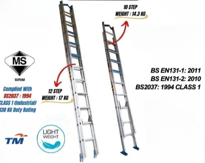 BS2037 :1994(CLASS 1 INDUSTRIAL) HEAVY DUTY DOUBLE EXTENSION LADDER 12 STEP & 10 STEP LD201