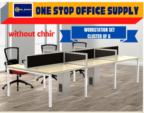 WORKSTATION : CLUSTER OF 6 / TABLE SET : 1500 X 750MM PER PAX / WITH TABLE TOP PANEL / OFFICE TABLE / SL-55 SERIES