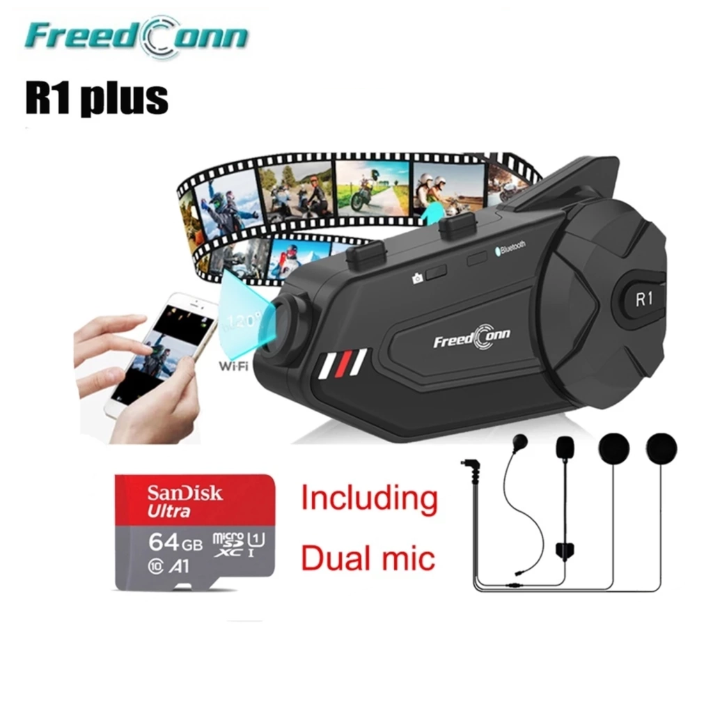 FreedConn R1 plus Motorcycle Intercom Helmet Bluetooth Headset c/w 64GB Memorry Card
