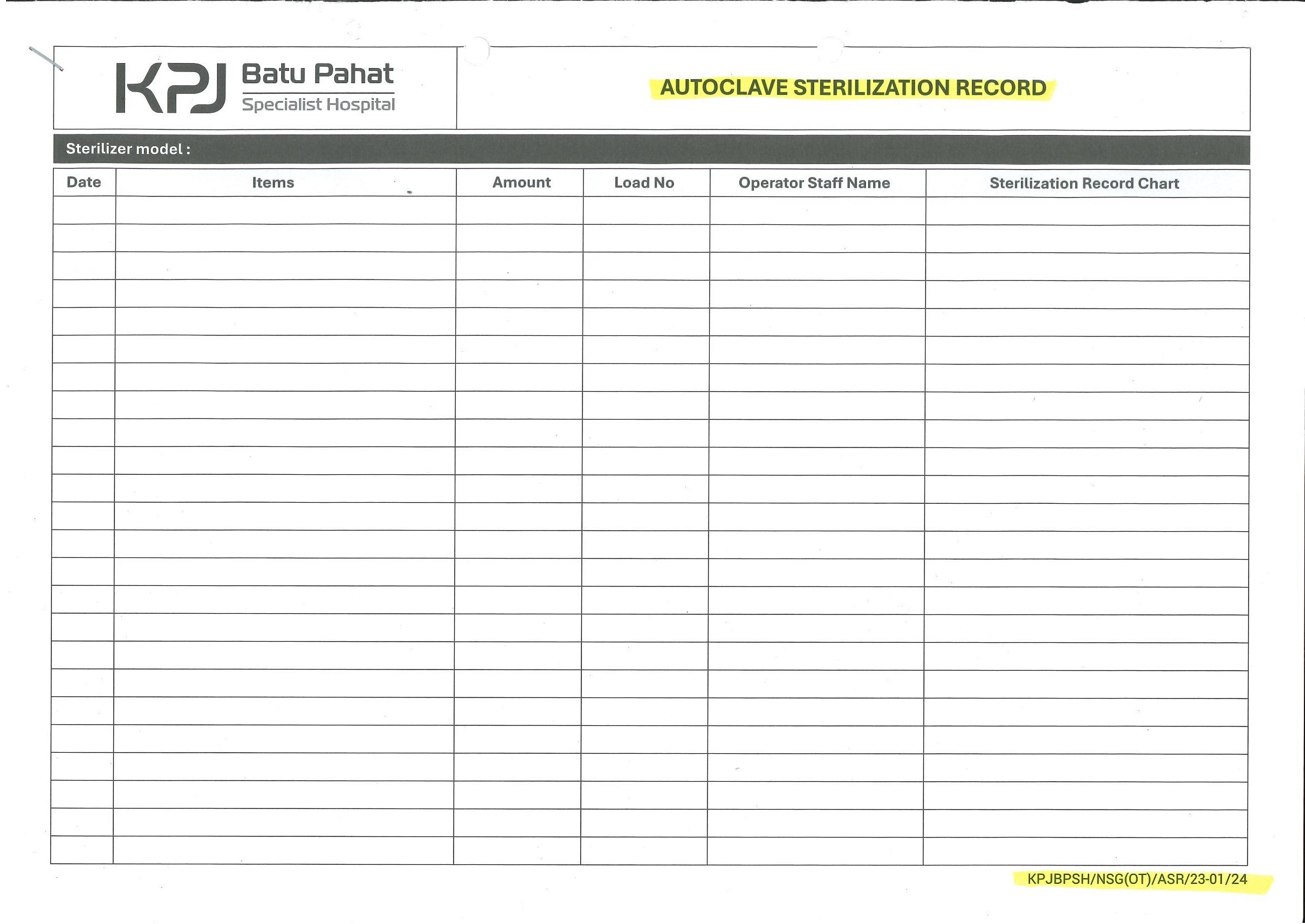 Autoclave Sterilization Record