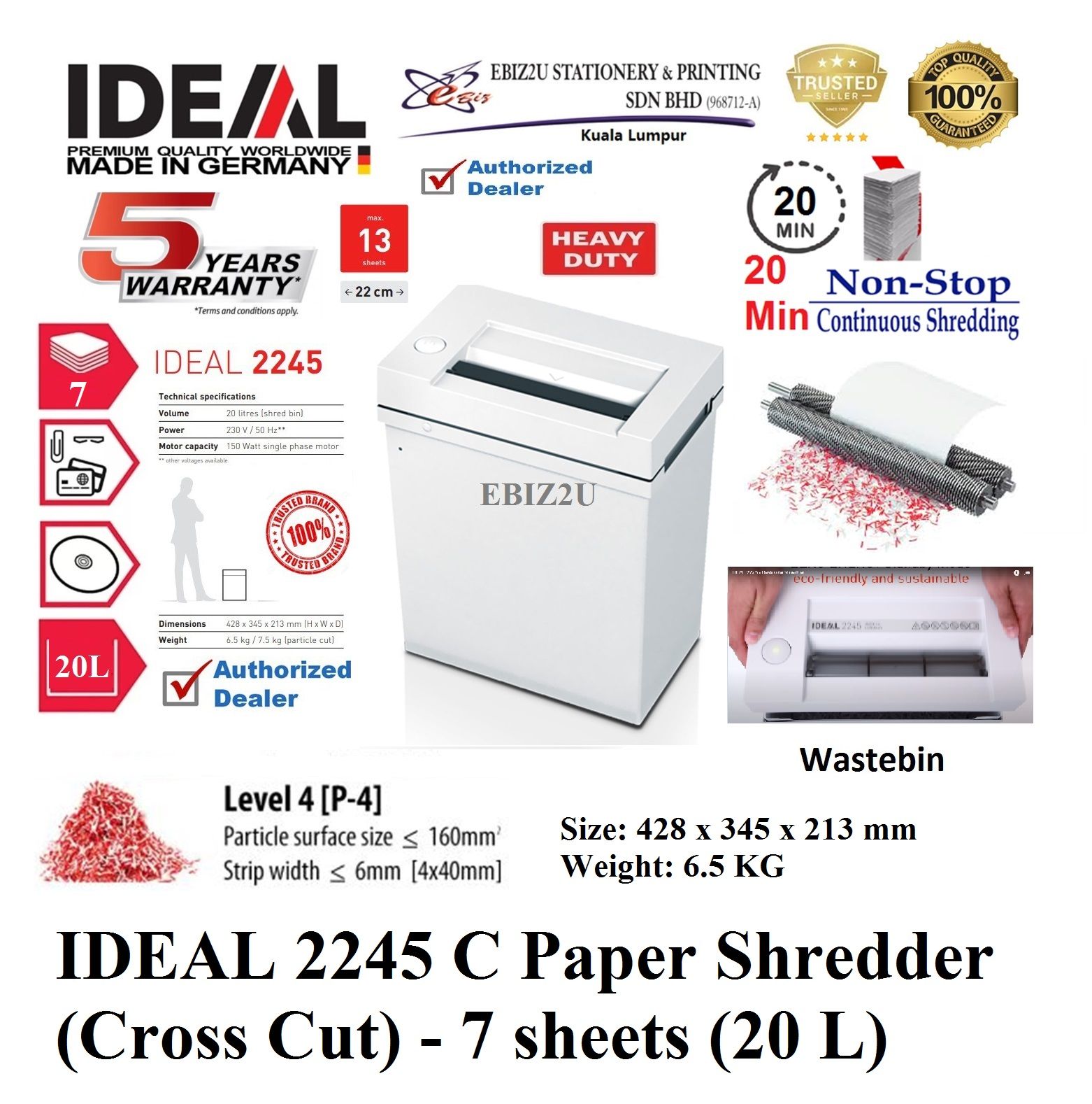IDEAL 2245 C Paper Shredder (Cross Cut) 3 x 25 mm - 7 sheets (20 L) 5 Year Warranty 2245CC, 2245C Paper Shredder, Shredder Machine, Office Automation, Office Shredder, Mesin Penghancur Kertas, Heavy Duty Shredder, Heavy Duty Paper Shredder