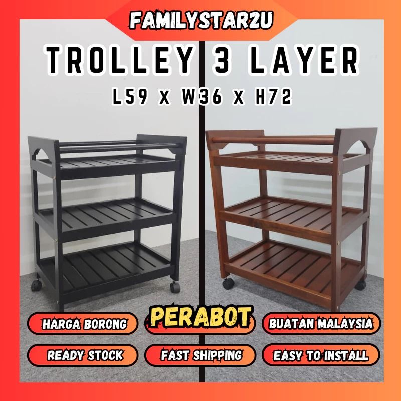 SHO 1528 Wooden Trolley 3 Tiers With Wheel