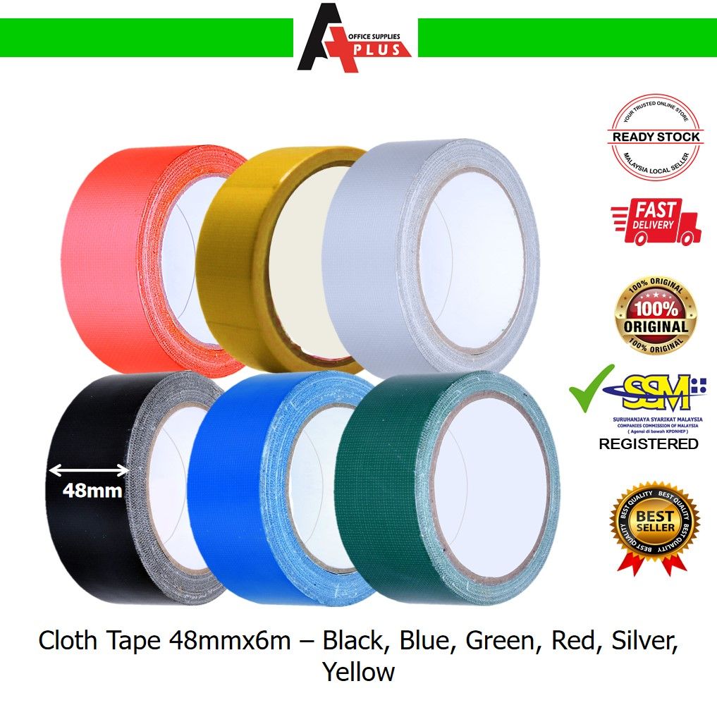Cloth Tape 48mmx6m / Binding Tape / Pita Kain - Black, Blue, Green, Red, Silver, Yellow