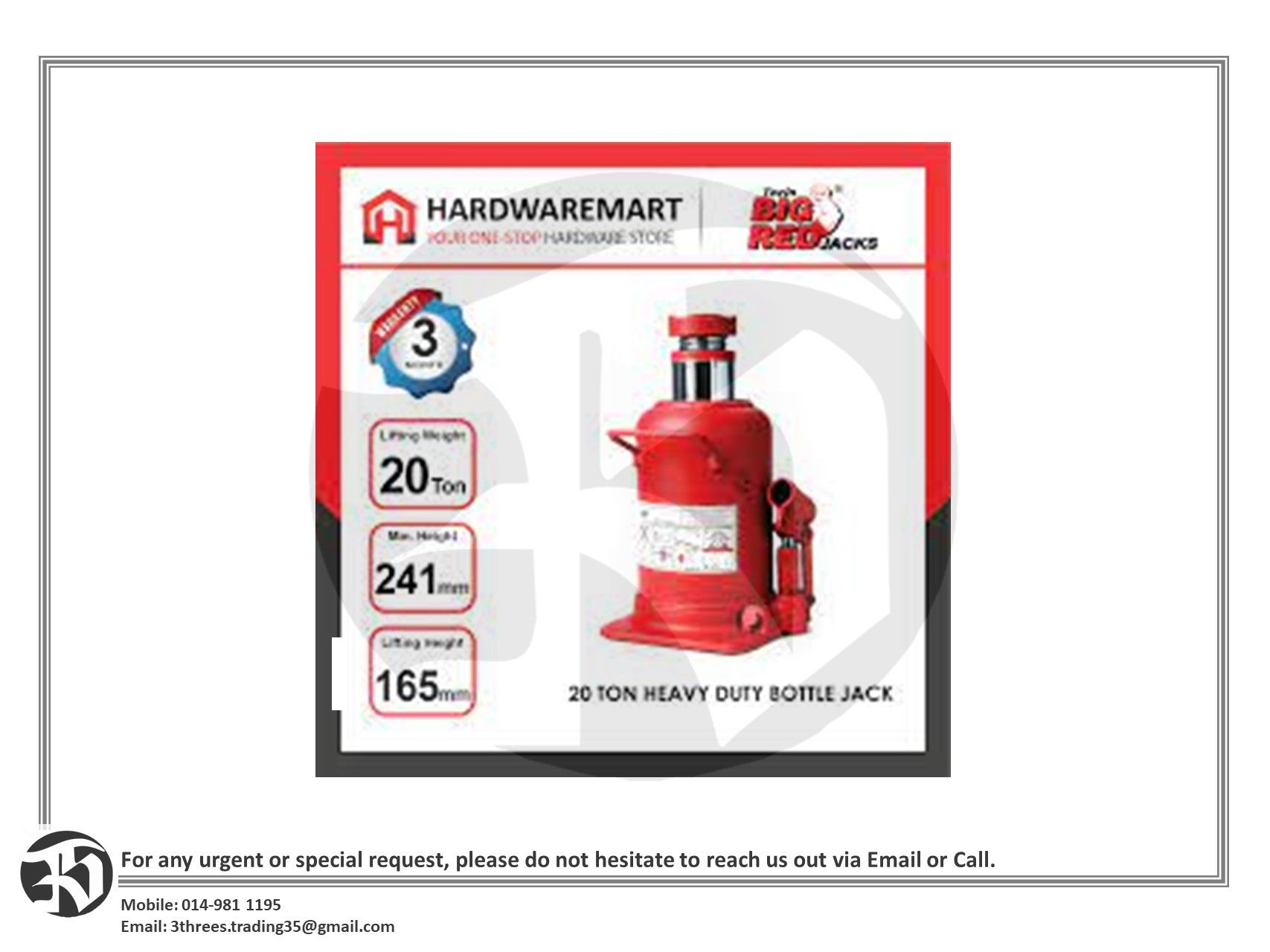 BIGRED 20 TON Heavy Duty Hydraulic Bottle Jack Lifting Stand Emergency Vehicle Tool