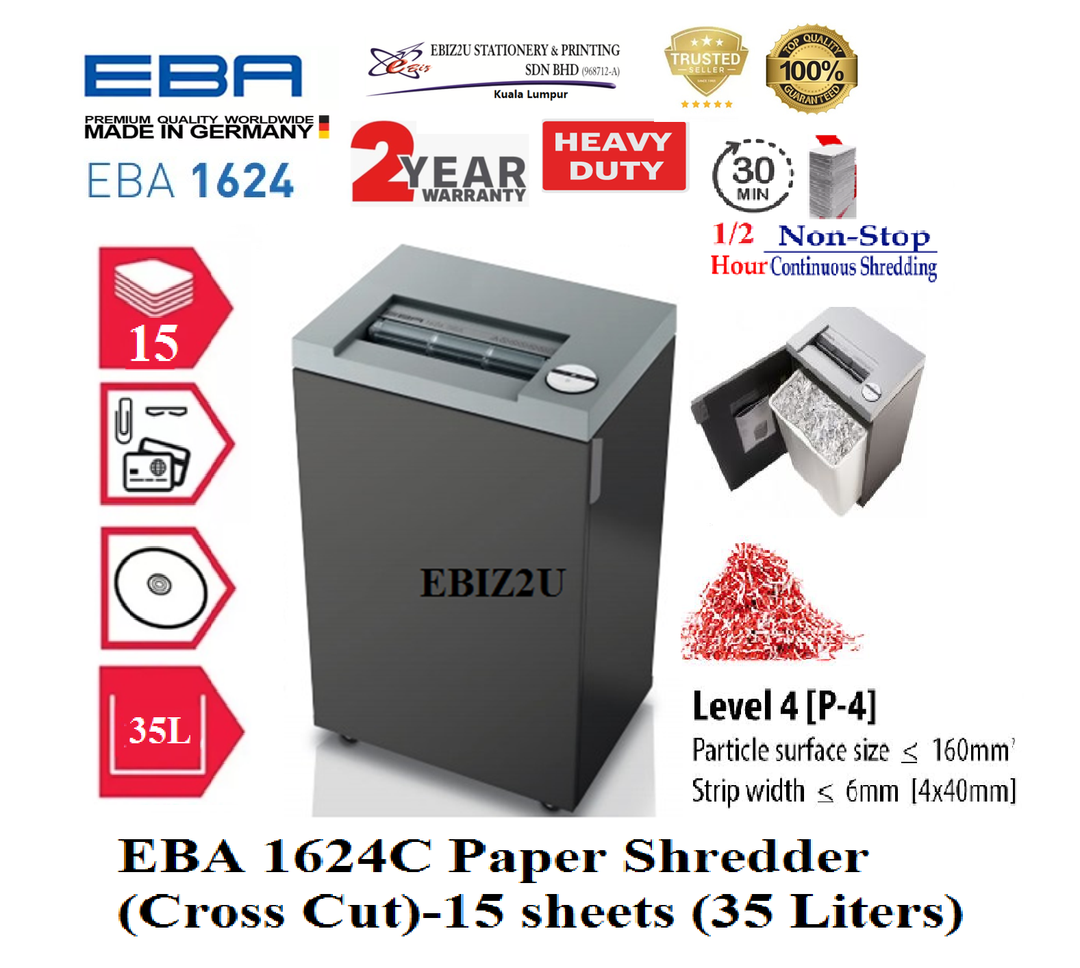 EBA 1624 C Paper Shredder (Cross Cut)-15 sheets (35 Liters) 30 mins non stop 1624C (Cross Cut, Paper Shredder, Shredder Machine, Office Shredder, Heavy Duty Shredder, Mesin Penghancur Kertas)