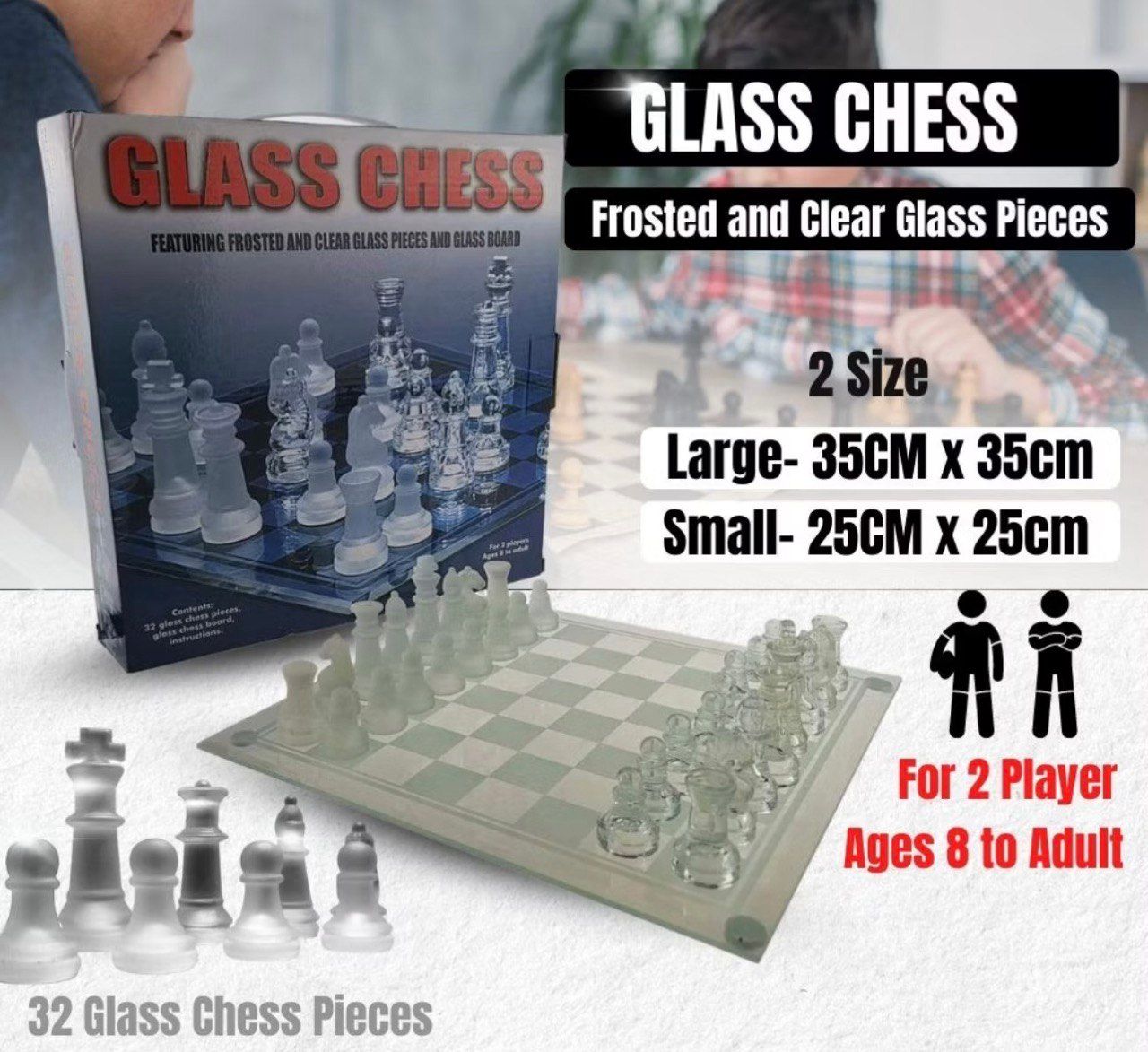 Glass Chess Set Elegant Design 32 Frosted Clear Pieces