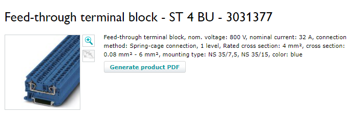 Phoenix Contact Feed-through terminal block 4mm sq- ST 4 BU - 3031377