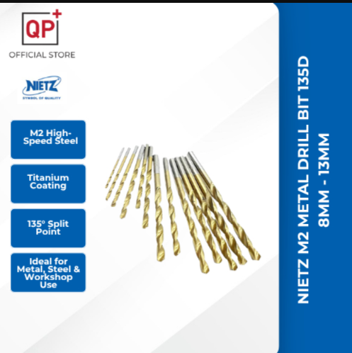 NIETZ HSS TIN COATED M2 JOBBER DRILL BIT METAL DRILL BIT 135D 8MM - 13MM l MATA TEBUK BESI l 钻头-564-10-125 (12.5MM)