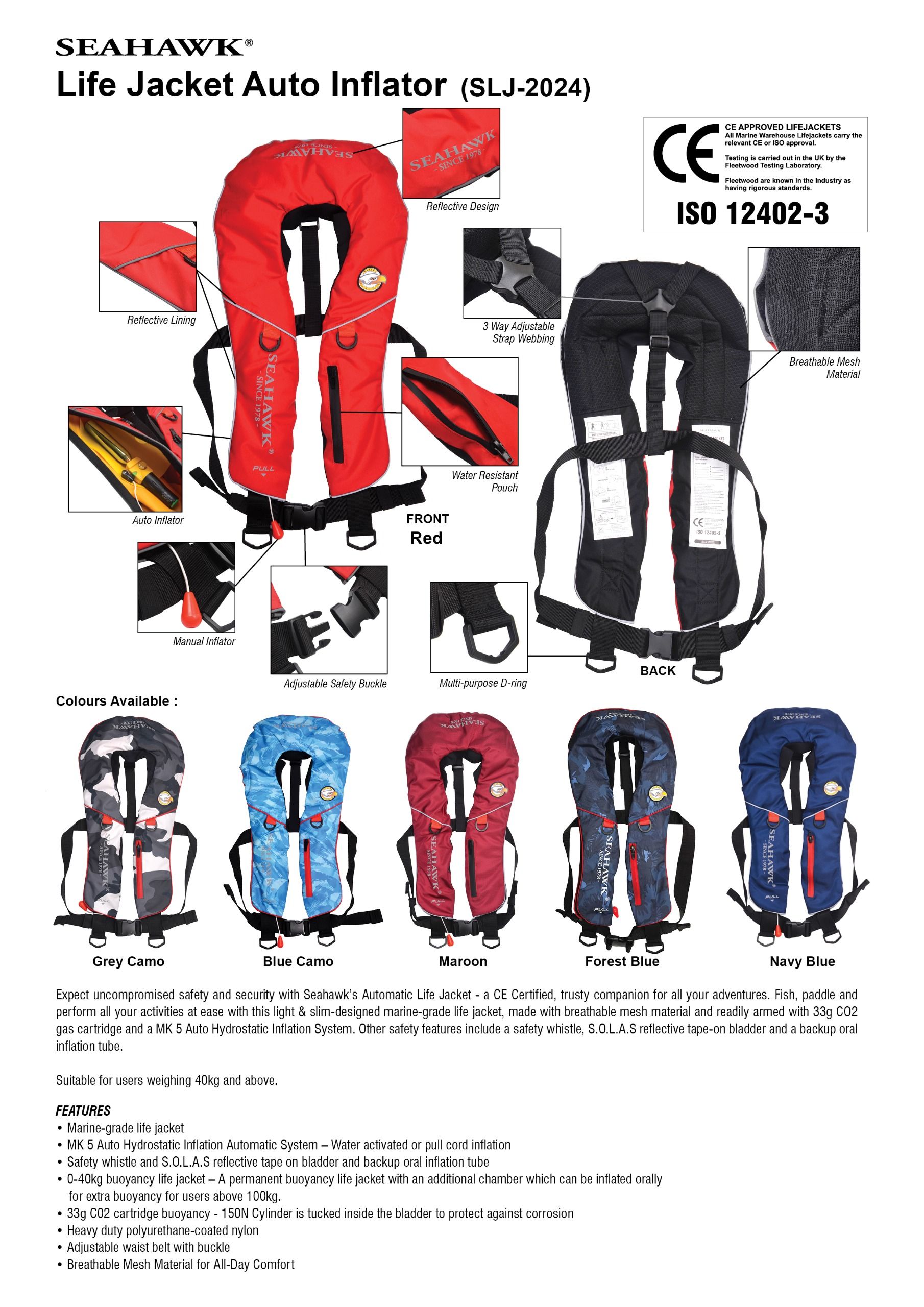 SEAHAWK LIFE JACKET SLJ2024 SAFETY WITH/ CERTIFIED & ISO APPROVED.