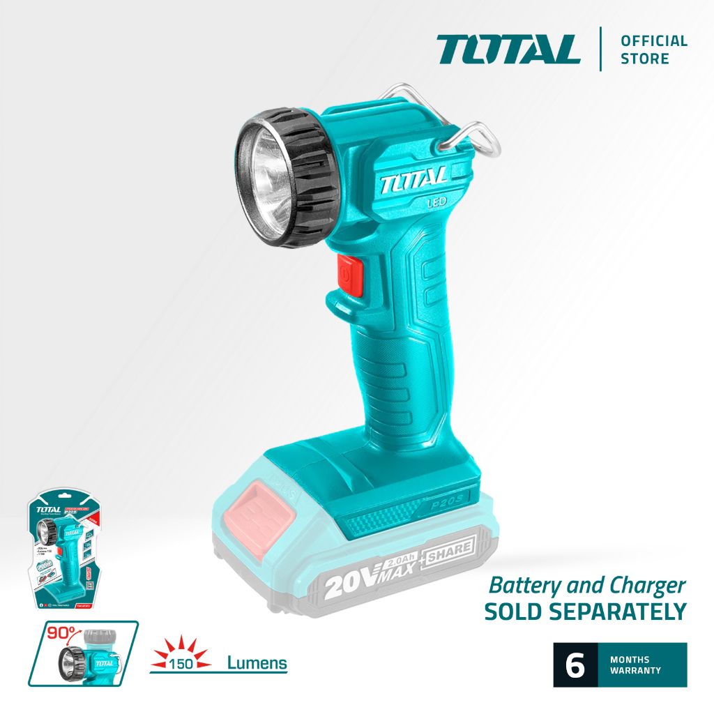 TOTAL TWLI2023 LI-ION WORK LAMP (THE HEAD CAN BE ROTATED FROM 0 TO 90 DEGREE ANGLE WITH A HOOK AT THE BACK.)