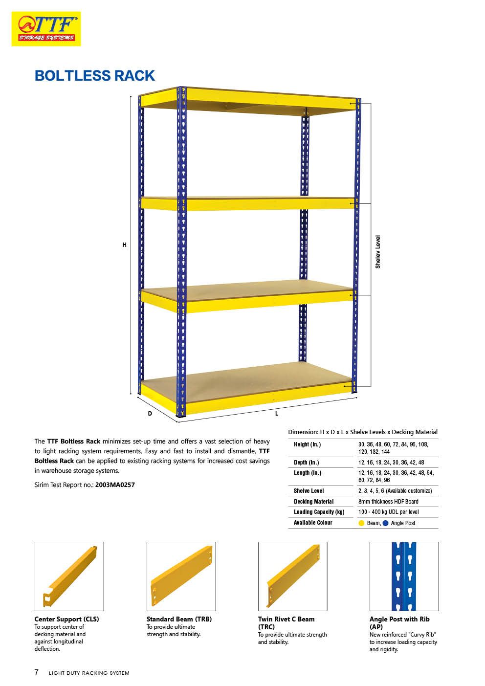 TTF *BOLTLESS RACK ( Post- Blue, Beam – Yellow)