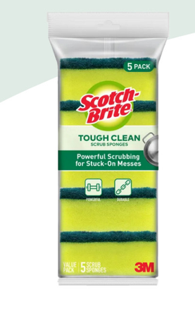 3M *3M™ Scotch-Brite® Tough Clean Scrub Sponge, Cleans Stains 3x Faster, 5 pcs/pack, For dishwashing