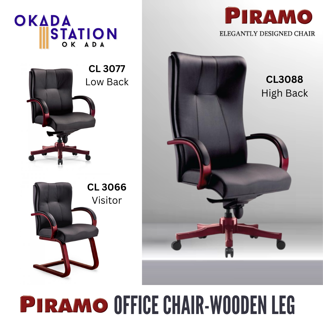 PIRAMO ERGONOMIC OFFICE CHAIR - ALL SIZE / WOODEN SERIES / OFFICE CONFERENCE CHAIR / OFFICE SWIVEL CHAIR / ERGONOMIC CHAIR / EXECUTIVE CHAIR / DIRECTOR CHAIR / OFFICE CHAIR / CHAIR / WOODEN BASE / FABRIC / PU LEATHER / PIRAMO