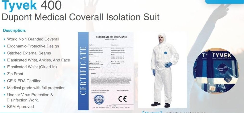 Tyvek 400 dupont medical coverall isolation suit, kkm approved (CE & FDA certificate)
