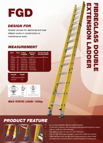 Fibreglass Double Extension Ladder (FGD12) - SIRIM Approved